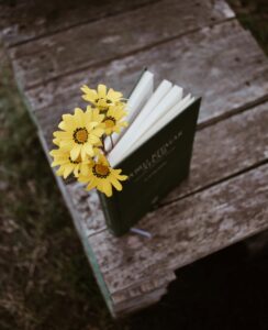 A composition of yellow flowers in a book on a rustic wooden table, outdoors.